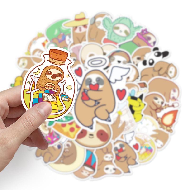 Waterproof Cartoon Sloth Pattern Sticker, 50pcs Cute Creative Sticker for DIY Scrapbooking Journal Making Laptop Luggage Decoration