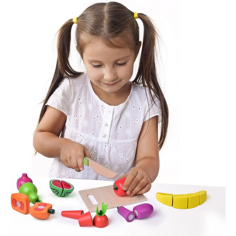 FUN LITTLE TOYS 35PCS Wooden Play Food for Kids Kitchen, Pretend Cutting Food Toys with Wooden Tray, Dishes and Knife for Kids, Pretend Play Food