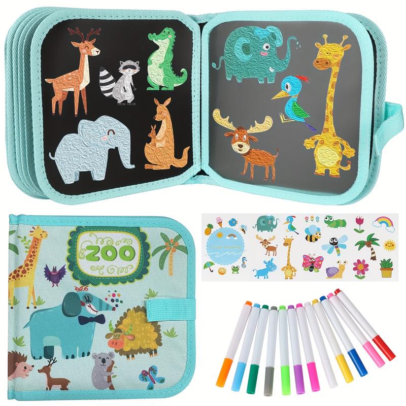 Kids Erasable Book Doodle Set, Reusable, 12 Watercolor Pencils 14 Pages Painting, Road Trip Game Painting Set (Zoo)