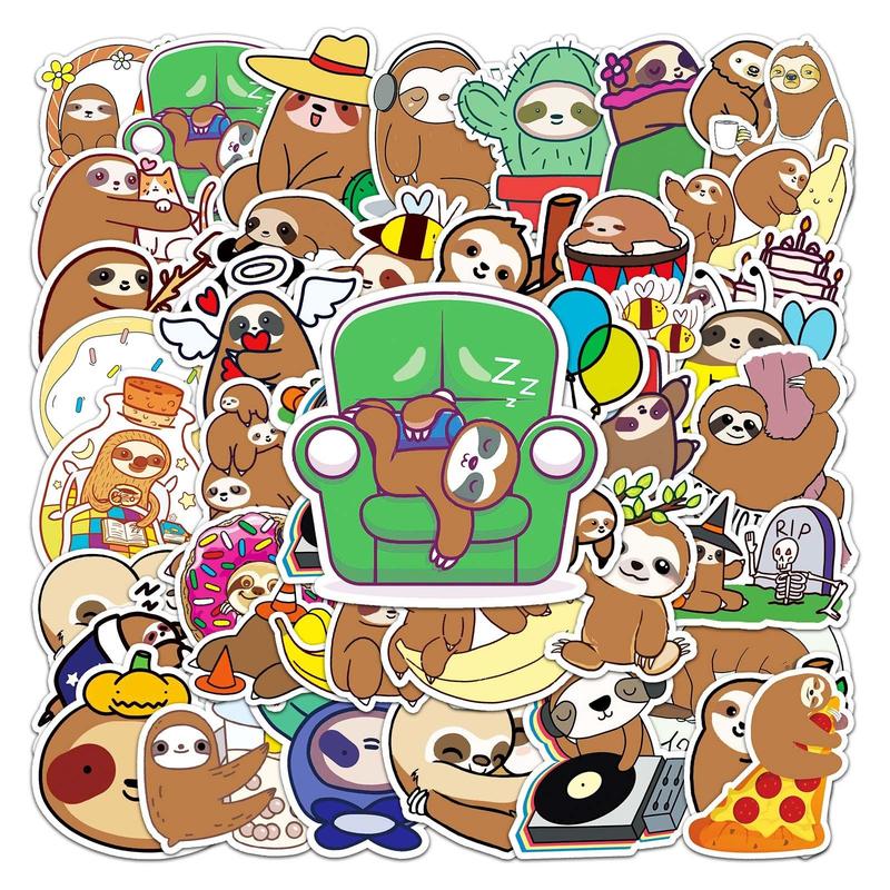 Waterproof Cartoon Sloth Pattern Sticker, 50pcs Cute Creative Sticker for DIY Scrapbooking Journal Making Laptop Luggage Decoration