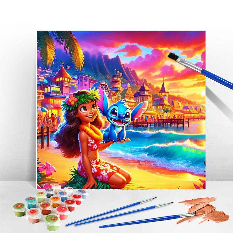 Disney Lilo & Stitch Pattern DIY Painting By Numbers Kit, Acrylic Paint on Canvas, DIY Painting Supplies for Home Wall Decor