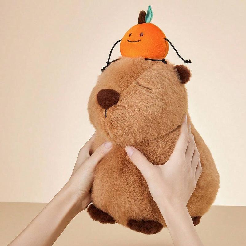 [Halloween Gifts]MINISO Capybara Series Stuffed Animal Stuffed Toy Plush Doll Small Size Doll Standing with Orange on Head Birthday Gift For Kid Lovely Halloween Gifts