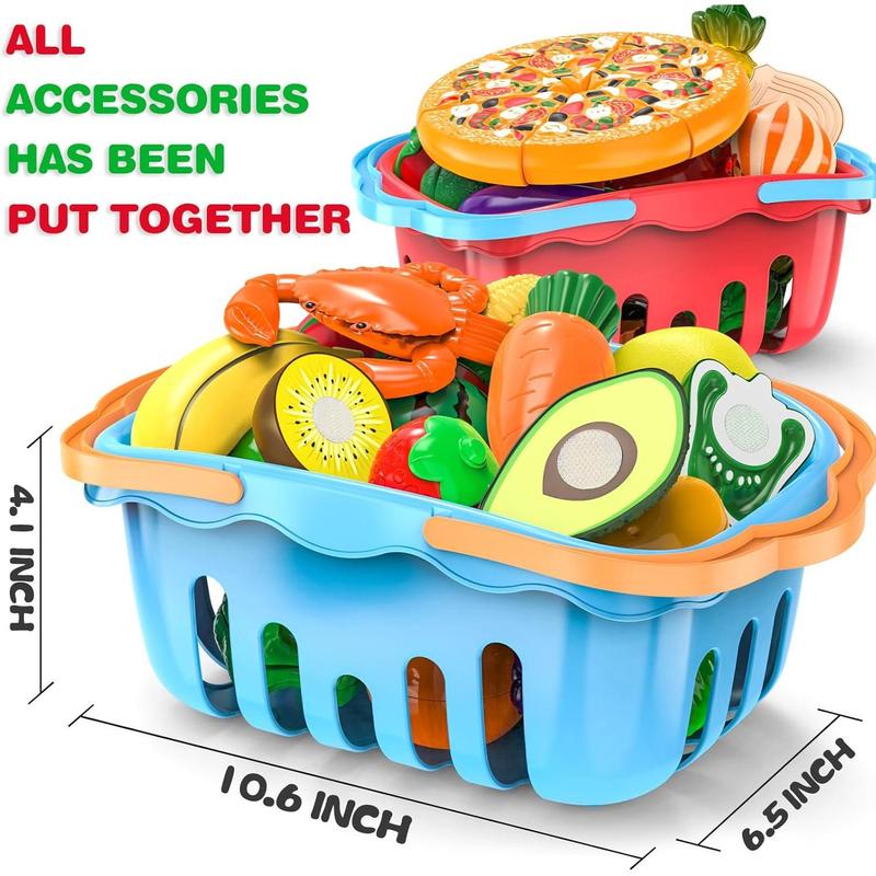 120 Pcs Cutting Play Food Toy for Multiple Kids with 2 Colors Storage Baskets, Kitchen Pretend Food Set for Toddler, Kitchen Toys Accessories, Fake Food Fruit Vegetable, Birthday Gifts for Boy Girl