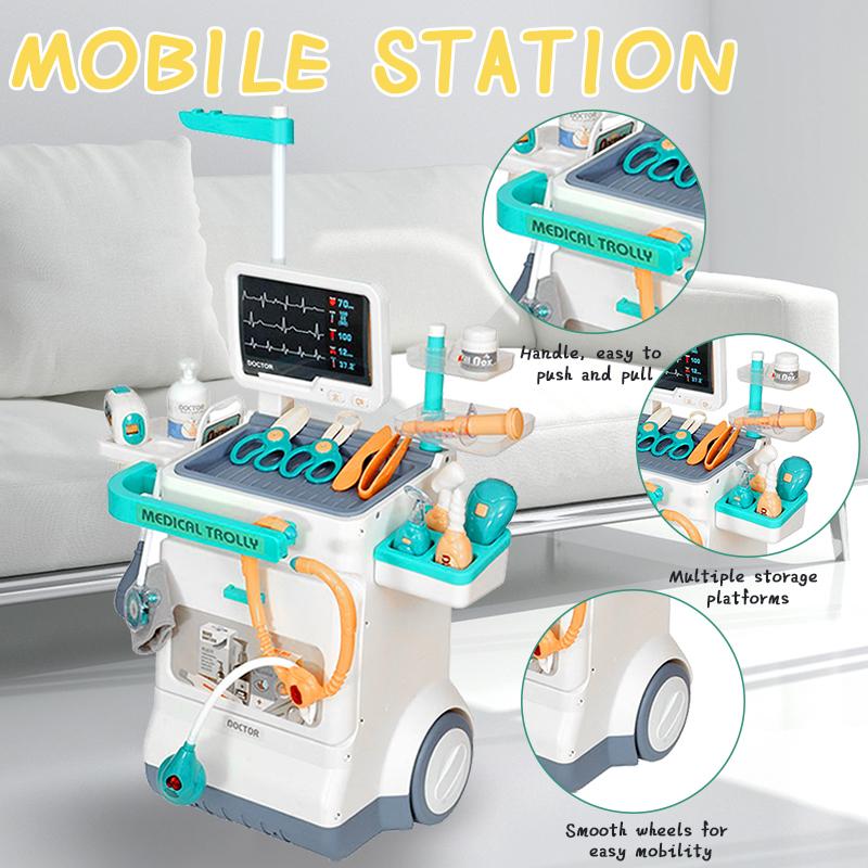 Doctor Kit for Kids Pretend Play Medical Station 26 PCS with Mobile Cart, Thermometer, Stethoscope, X-Rays, Pulse Machine