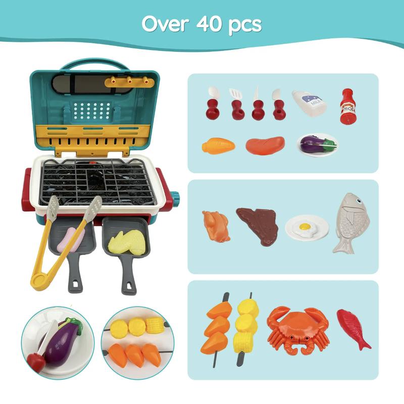 35Counts Children's Barbecue Toys, Barbecue Kitchen Camping Cooking Toys, Featuring Realistic Spray, Light And Sound, Color-Changing Play Food And Plate Toys, Pretend Barbecue Accessories Set, Suitable For 3-12 Boys And Girls Christmas Birthday Gifts