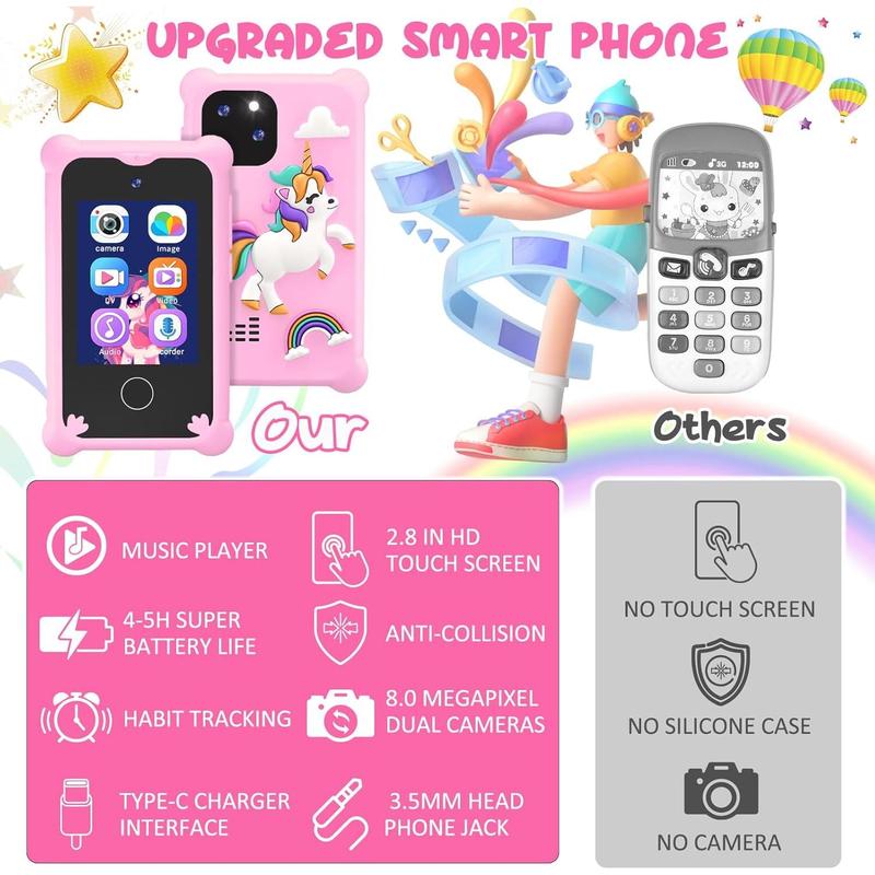 Phone Toys,Unicorn Toys Phone for Girls Touchscreen Play Phone with Dual Camera  Learning Toys Music Player Christmas Birthday Gifts for  6 7 Year Old Girls with SD Card