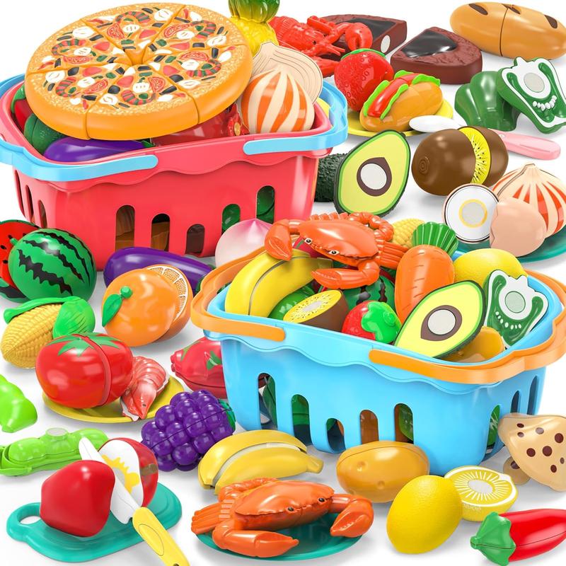 120 Pcs Cutting Play Food Toy for Multiple Kids with 2 Colors Storage Baskets, Kitchen Pretend Food Set for Toddler, Kitchen Toys Accessories, Fake Food Fruit Vegetable, Birthday Gifts for Boy Girl