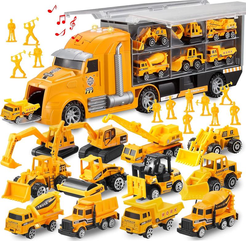 25 in 1 Construction Truck Vehicle Toy Set, Play  with Sounds and Lights in Carrier Truck, Push and Go Vehicle Car Toy, Christmas, Birthday Gift