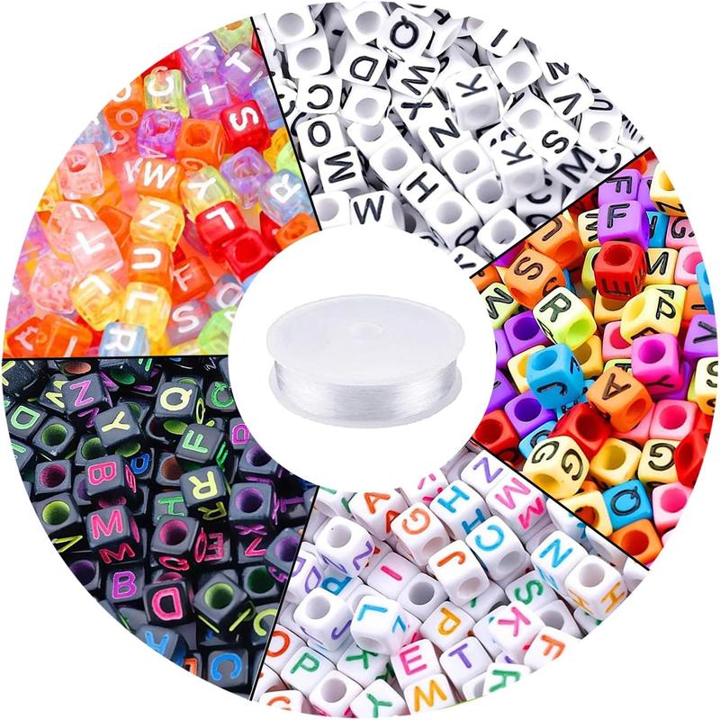 1400pcs Cube Alphabet Beads Set with 5 Colors + 50M Crystal String Cord for DIY Bracelets and Jewelry Making