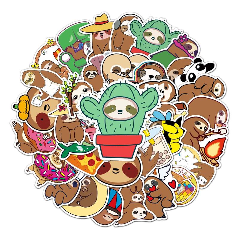 Waterproof Cartoon Sloth Pattern Sticker, 50pcs Cute Creative Sticker for DIY Scrapbooking Journal Making Laptop Luggage Decoration