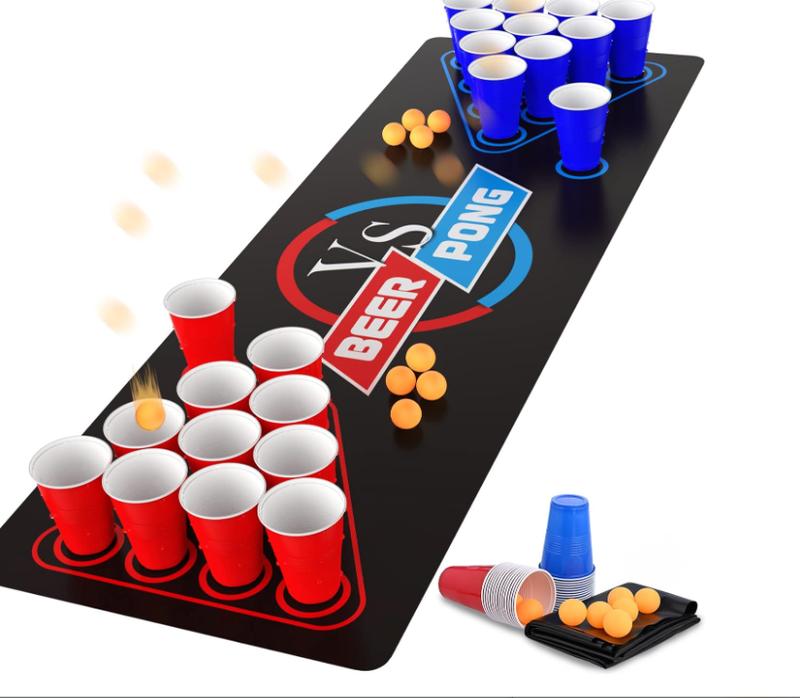 GOLDGE 63 x 23.6 inches Beer Pong Table Mat, Drinking Games for Adults Party, 8pcs Beer Pong Balls, 30pcs Beer Pong Cups