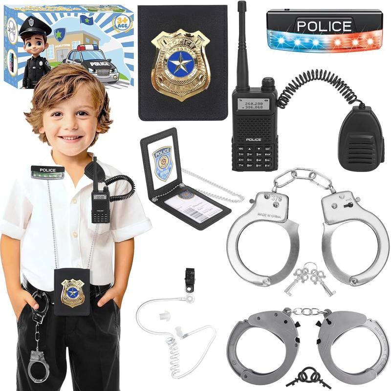 Police Toys, Police Accessories Role Play Set with Handcuffs, Handcuff Keys, Warning Light, Walkie-Talkie, Headphones, Police Card, Birthday Halloween for Kids Boys Girls