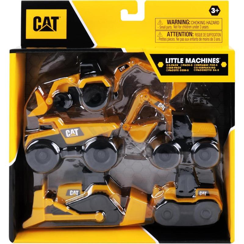 CAT Construction Toys, Little Machines 5pk Truck Toy Set, Includes Dump Truck, Front Loader, Bulldozer, Backhoe, and Excavator Vehicles with Moving Parts, Ages 3+