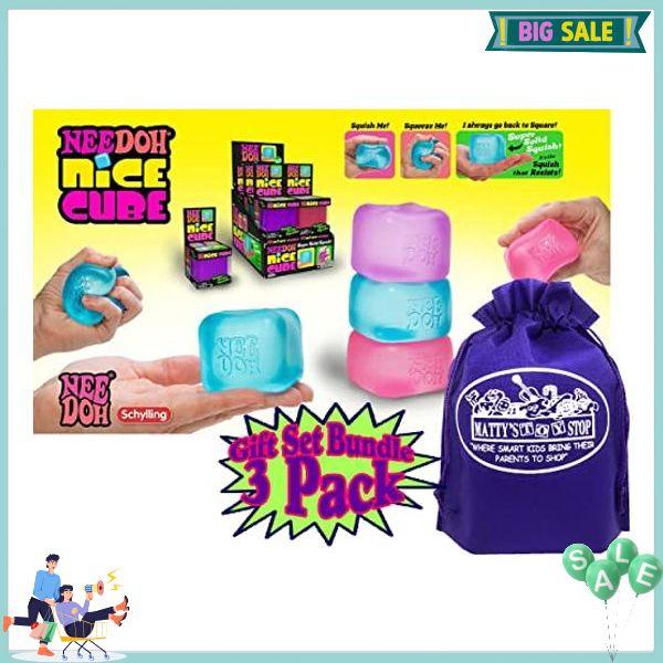 Schylling Nice Cube Translucent NeeDoh...Groovy Glob! Squishy, Squeezy, Popping, Stretchy Stress Fidget Cubes Complete Gift Set Party Bundle with Storage Bag - 3 Pack (Purple, Pink & Blue)