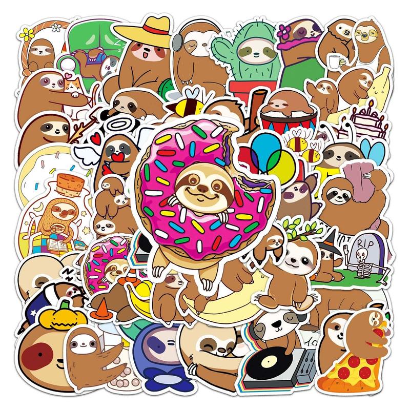 Waterproof Cartoon Sloth Pattern Sticker, 50pcs Cute Creative Sticker for DIY Scrapbooking Journal Making Laptop Luggage Decoration