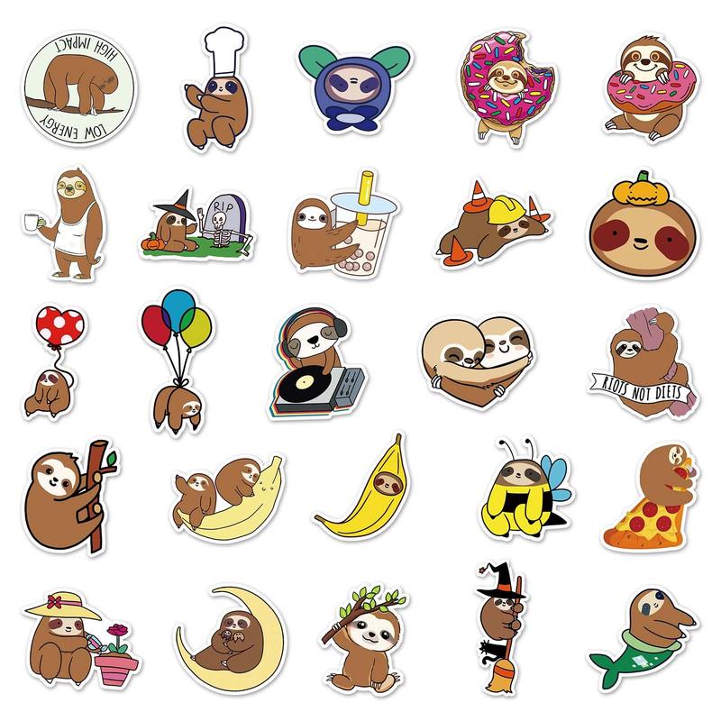 Waterproof Cartoon Sloth Pattern Sticker, 50pcs Cute Creative Sticker for DIY Scrapbooking Journal Making Laptop Luggage Decoration