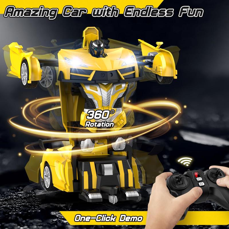 Remote Control Car，Transform Robot RC Cars with Cool LED Headlights, 2.4Ghz Car with 360 Degree Rotation and One-Button Deformation, Christmas Birthday Gifts(Yellow)