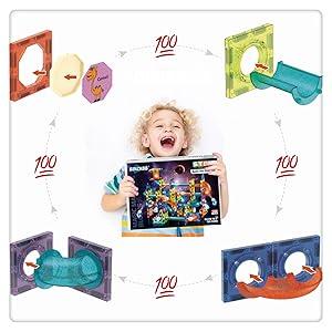 110pcs Magnetic Tiles Marble Run Building Toy Set, 3D Transparent Educational STEM Blocks for Toddlers, Perfect Birthday and Christmas Gift for Kids Ages 3, 4, 5, and 6.