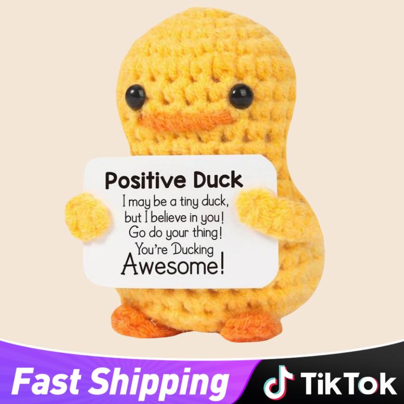 Cute Knitted Duck with Positive Card, Handmade Emotional Support Crochet Doll for Gift, DIY Knitting Supplies for Home Office Decor, Christmas Stocking Filler