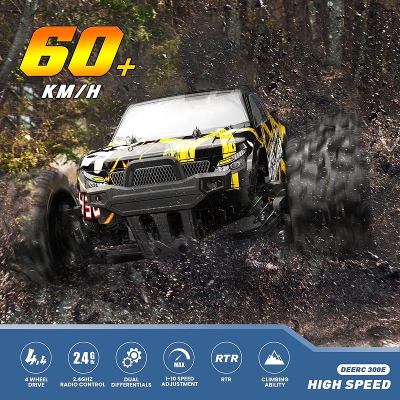 DEERC Brushless RC Cars 300E 60KM H High Speed 4WD 1:18 Scale Monster Truck , Truck with Extra Shell 2 Rechargable Battery,40+ Min Play Car