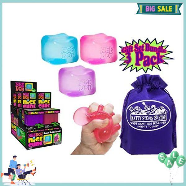 Schylling Nice Cube Translucent NeeDoh...Groovy Glob! Squishy, Squeezy, Popping, Stretchy Stress Fidget Cubes Complete Gift Set Party Bundle with Storage Bag - 3 Pack (Purple, Pink & Blue)