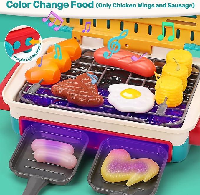 35Counts Children's Barbecue Toys, Barbecue Kitchen Camping Cooking Toys, Featuring Realistic Spray, Light And Sound, Color-Changing Play Food And Plate Toys, Pretend Barbecue Accessories Set, Suitable For 3-12 Boys And Girls Christmas Birthday Gifts