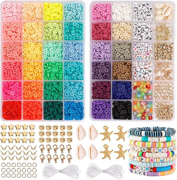 5000pcs Clay Heishi Beads for Bracelet Jewelry Making, Polymer Flat Round with 240pcs Letter , Elastic Strings, 36  6mm