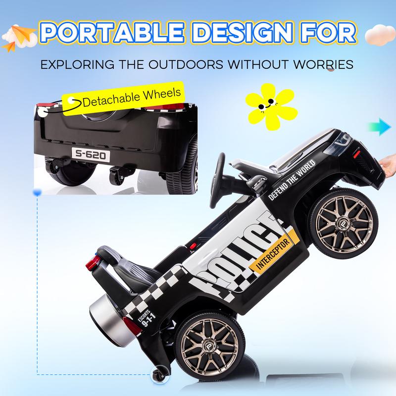 EROMMY Police Car for Kids Ride on, 12V Electric Car Kids Electric Vehicles with Remote Control, Led Lights, Siren, Music, Horns, Black&White