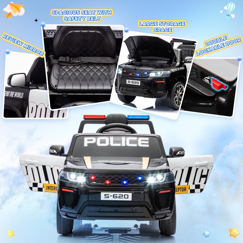 EROMMY Police Car for Kids Ride on, 12V Electric Car Kids Electric Vehicles with Remote Control, Led Lights, Siren, Music, Horns, Black&White