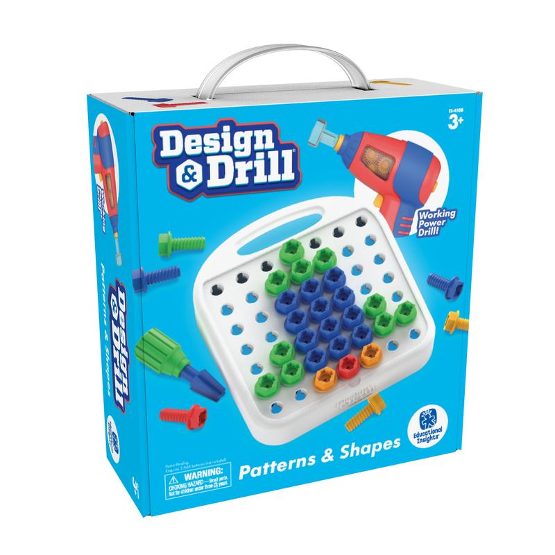 Educational Insights Design & Drill Patterns & Shapes Drill Toy, 58 Pieces with Toy Drill, Preschool STEM Toy for Home & Classroom, Ages 3+