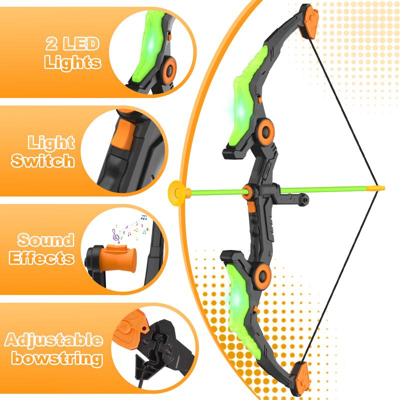 Kids Bow and Arrow Set with LED Flash Lights, 10 Suction Cup Arrows, Quiver and Fluorescence Standing Target-Perfect Outdoor Archery Set Toy Gift.