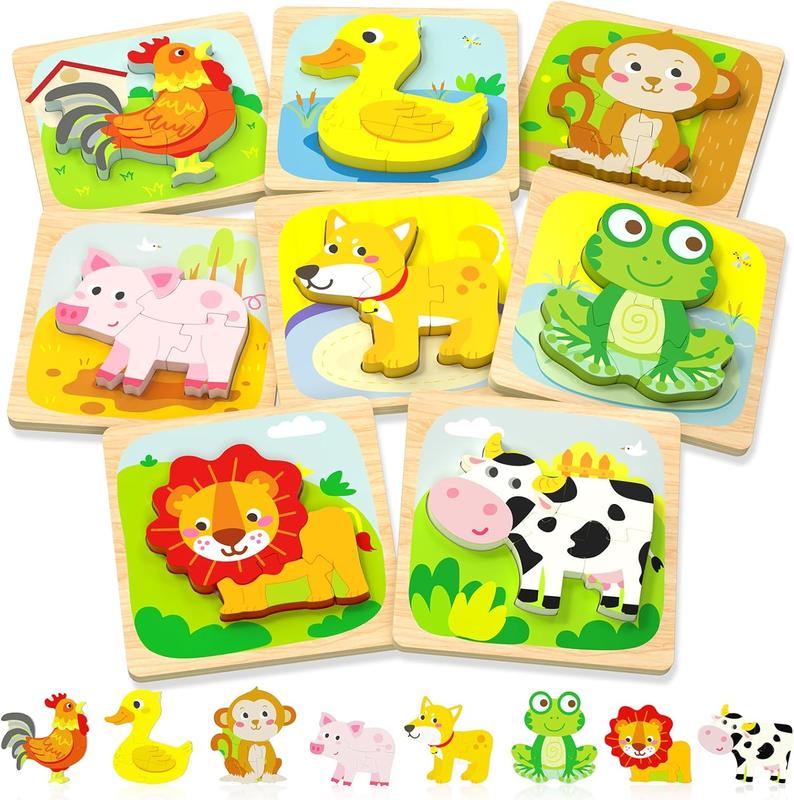 Wooden Puzzles Toddler Toys for 1 2 3 Year Old Boy Girl, 8 Packs Animal Toddler Puzzles Preschool Educational Learning Montessori Toys Age 1-3, 2-4 Christmas Birthday Gifts