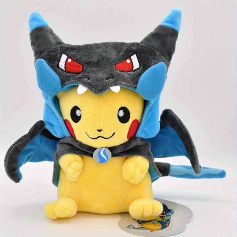 Pikachu & Charizard Cross-Dressing Plush Toy with Flamethrower Design - Soft Cotton, Blue & Yellow Transformation Hat Cloak for Xbox One Accessories