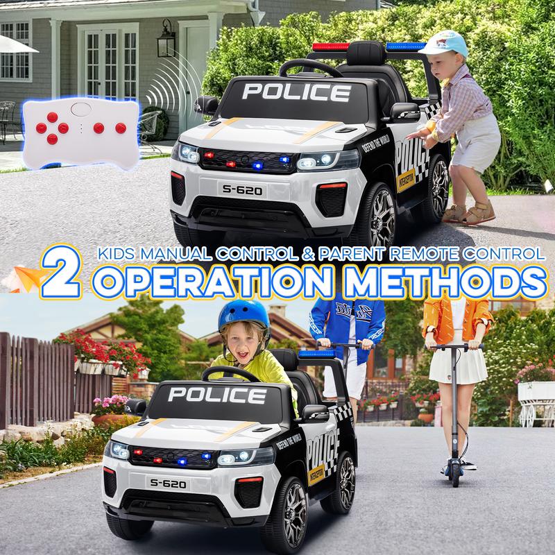 EROMMY Police Car for Kids Ride on, 12V Electric Car Kids Electric Vehicles with Remote Control, Led Lights, Siren, Music, Horns, Black&White