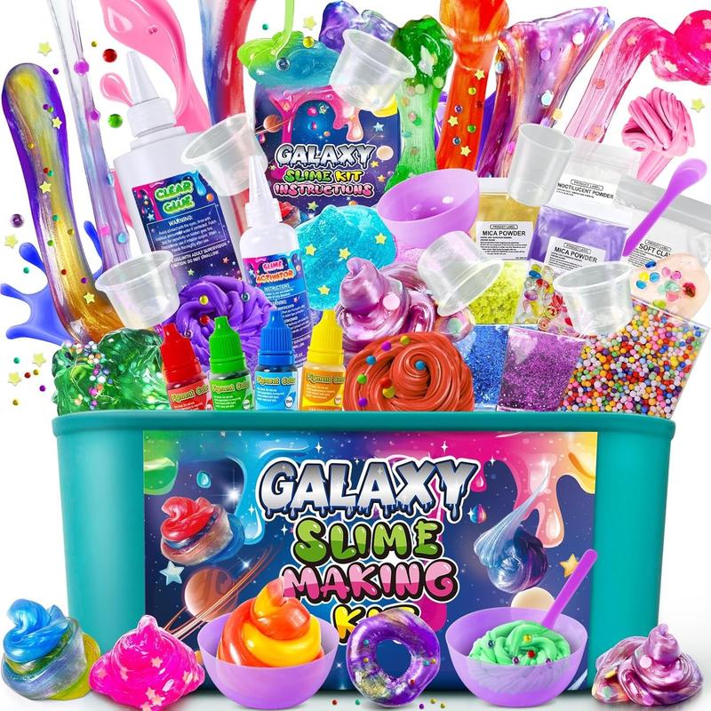 DIY Slime Kit, Galaxy Slime Making Kit for Girls, Butter Slime, Foam Slime, Glow in The Dark Slime with Add-ins, Foam Balls, Charms, Glitters, Slime Party Favors Gift Toys for Kids 6-12