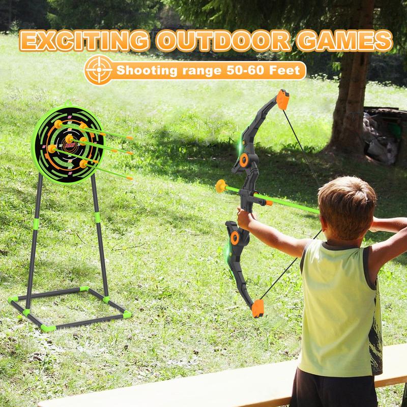 Kids Bow and Arrow Set with LED Flash Lights, 10 Suction Cup Arrows, Quiver and Fluorescence Standing Target-Perfect Outdoor Archery Set Toy Gift.