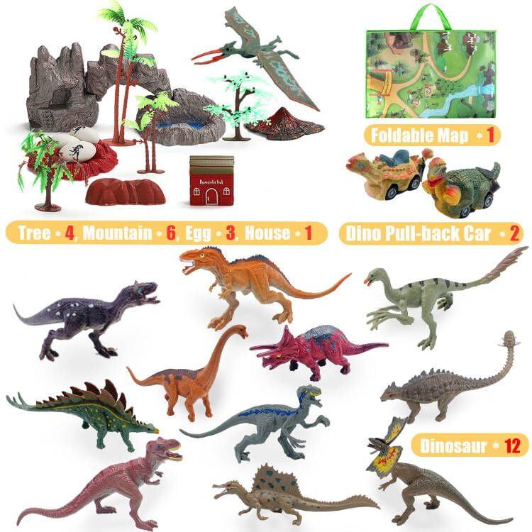 Dinosaur Toys for 3 4 5 6 7 Years Old Boys, Dinosaur Figures to Create a Dino Toy World for Kids Ages 3-7, Activity Play Mat and Pull Back Cars Toys