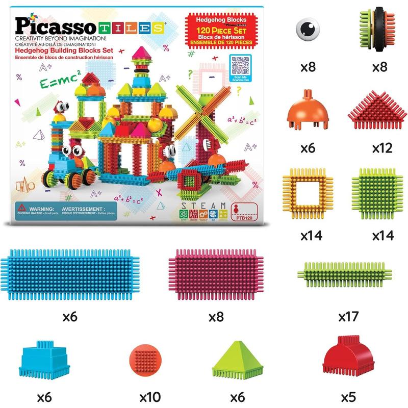 PicassoTiles 120pcs Hedgehog Interlocking Building Blocks Tiles Construction Toy Set Learning Playset STEAM Development Preschool Kindergarten Toy for Kids Age3+ PTB120