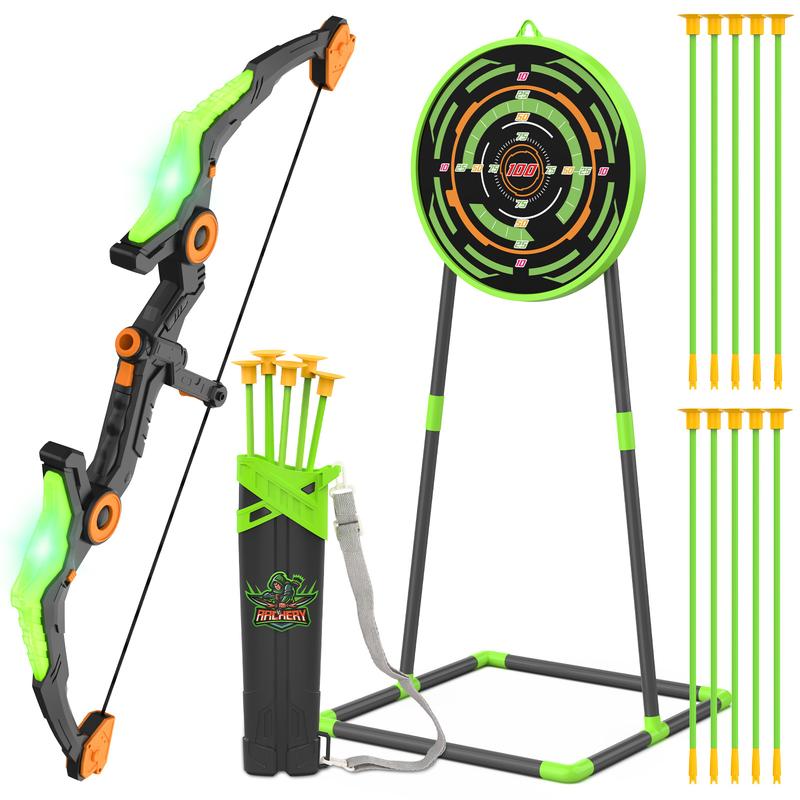 Kids Bow and Arrow Set with LED Flash Lights, 10 Suction Cup Arrows, Quiver and Fluorescence Standing Target-Perfect Outdoor Archery Set Toy Gift.