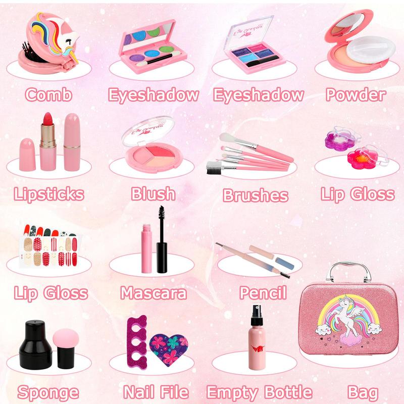 Unicorn Pattern Makeup Toy Kit, 23pcs set Cute Makeup Toy Set, Pretend Play Makeup Set, Full Face Of Makeup Kit for Back To School Gift, Fidget Toys, Full Face Of Makeup Kit Toy, Pretend Play Sets, Girly Room Accessories Makeup