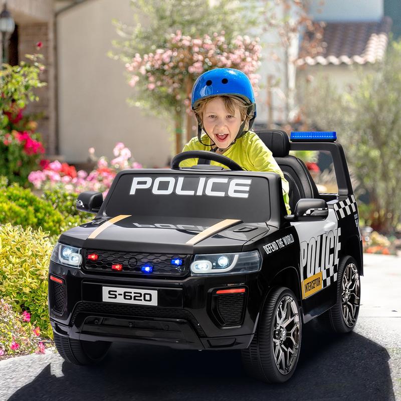 EROMMY Police Car for Kids Ride on, 12V Electric Car Kids Electric Vehicles with Remote Control, Led Lights, Siren, Music, Horns, Black&White