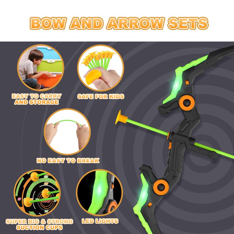 Kids Bow and Arrow Set with LED Flash Lights, 10 Suction Cup Arrows, Quiver and Fluorescence Standing Target-Perfect Outdoor Archery Set Toy Gift.