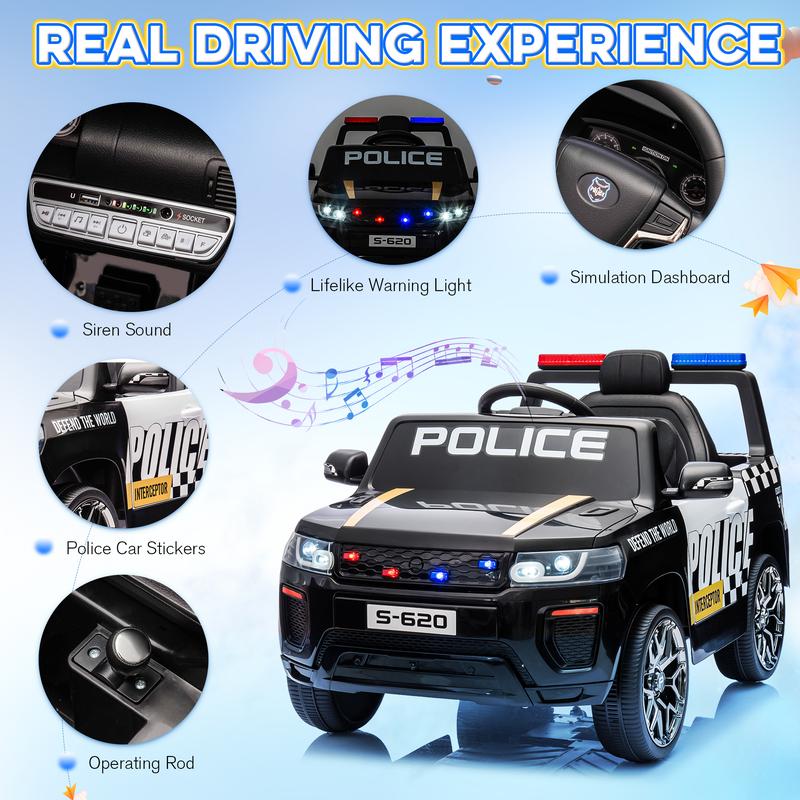 EROMMY Police Car for Kids Ride on, 12V Electric Car Kids Electric Vehicles with Remote Control, Led Lights, Siren, Music, Horns, Black&White