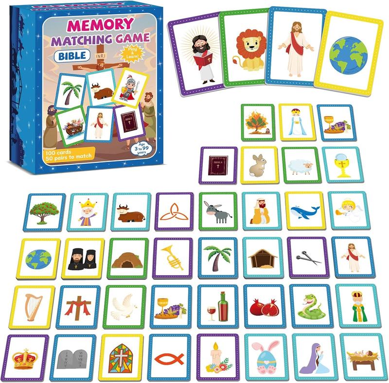 50 Pairs Memory Matching Game Bible Concentration Games for Kids Educational A Fun & Fast Christian Bible Theme Memory Matching Games