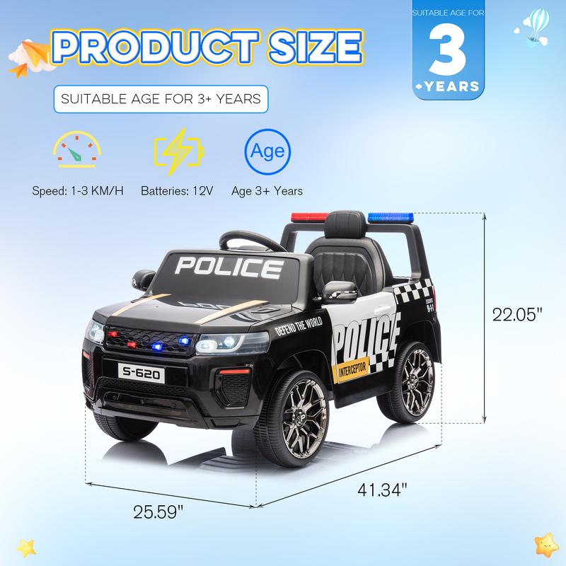 EROMMY Police Car for Kids Ride on, 12V Electric Car Kids Electric Vehicles with Remote Control, Led Lights, Siren, Music, Horns, Black&White