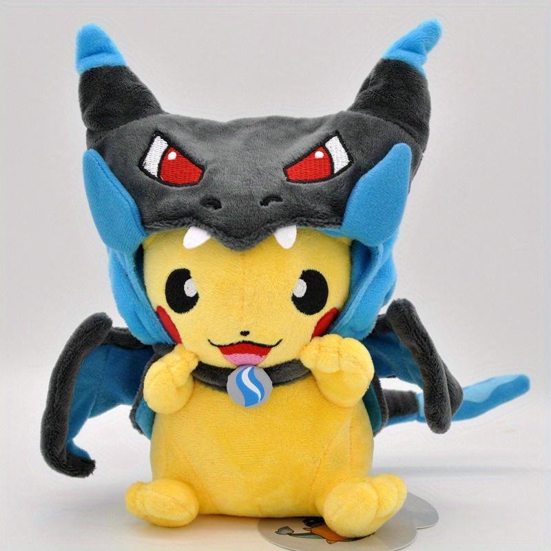 Pikachu & Charizard Cross-Dressing Plush Toy with Flamethrower Design - Soft Cotton, Blue & Yellow Transformation Hat Cloak for Xbox One Accessories