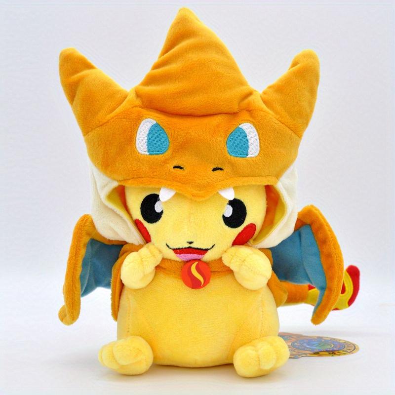 Pikachu & Charizard Cross-Dressing Plush Toy with Flamethrower Design - Soft Cotton, Blue & Yellow Transformation Hat Cloak for Xbox One Accessories