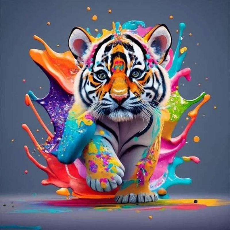 Christmas Multicolor Tiger Design DIY Diamond Art Painting Without Frame, DIY 5D Diamond Arts Painting Kit, Wall Art Decor for Home Living Room Bedroom, Christmas Gift