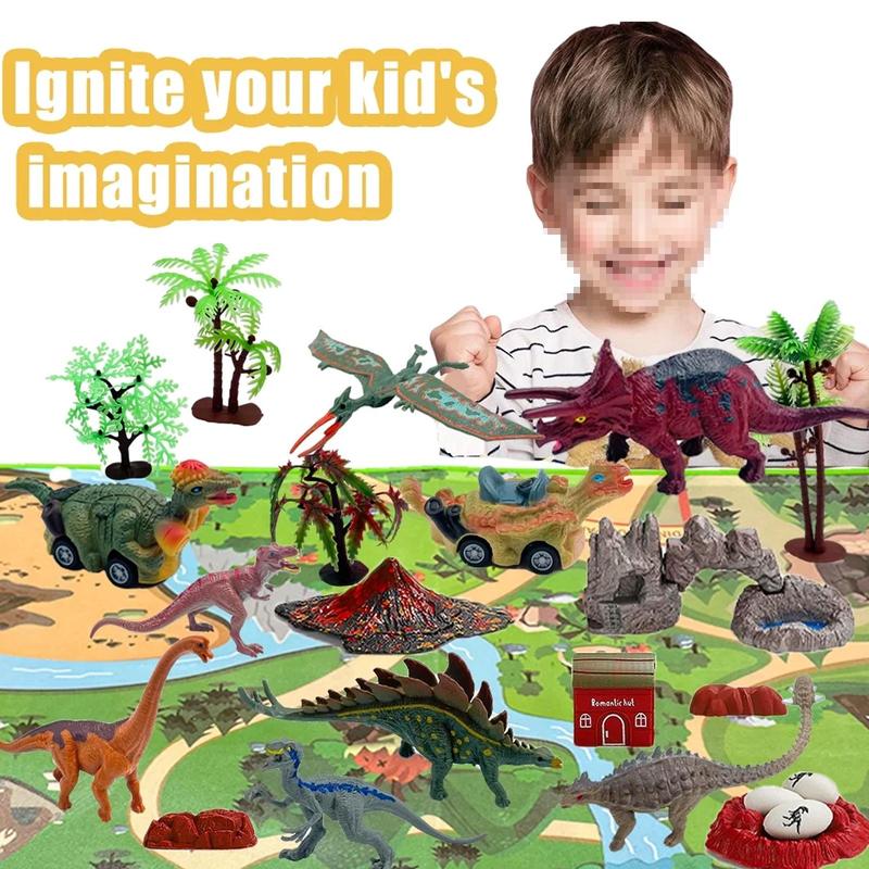 Dinosaur Toys for 3 4 5 6 7 Years Old Boys, Dinosaur Figures to Create a Dino Toy World for Kids Ages 3-7, Activity Play Mat and Pull Back Cars Toys