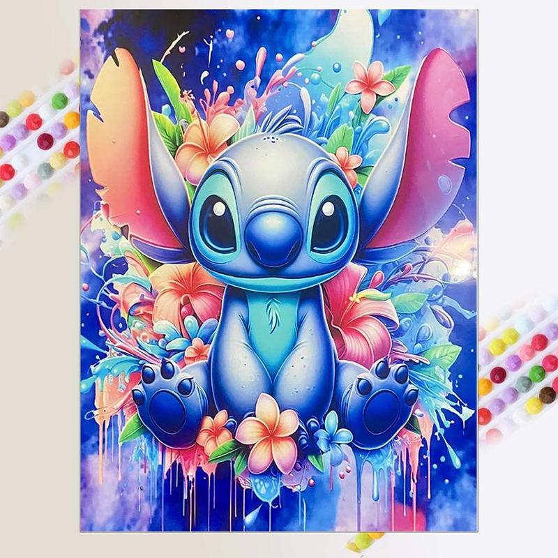 Cartoon Disney Stitch & Flowers Pattern DIY Diamond Arts Colorful Painting Kit without Frame, DIY 5D Diamond Arts Colorful Painting Kit, Wall Art Decor for Home